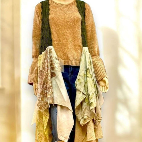 Green Crochet & Sequin Hi-Low Long Duster Vest event on mannequin indoors