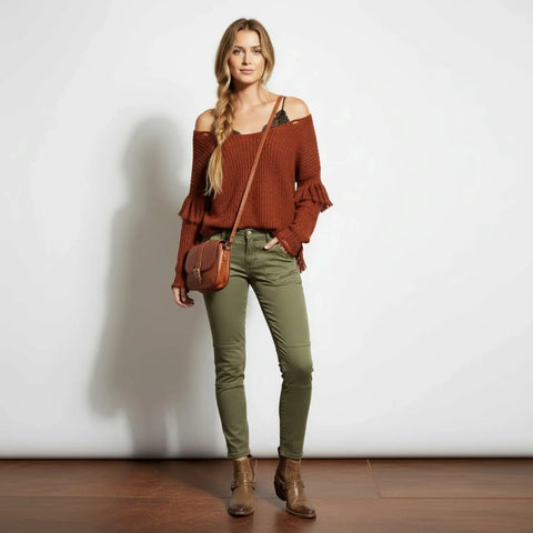 Women's Green Mid Rise Skinny Ankle Jeans with Dual-Button Cuffs and Oversized Front Pockets Calvin Klein Jeans  front view
