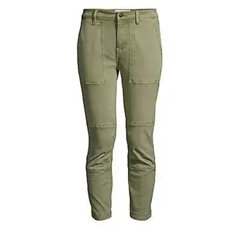 Green Mid Rise Skinny Ankle Jeans with Dual-Button Cuffs and Oversized Front Pockets