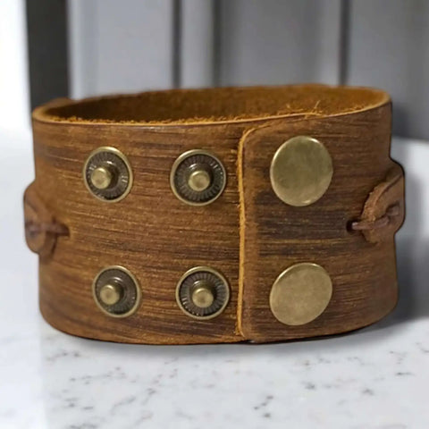Handcrafted Leather Weaved Cuff Bracelet in brown with braided distressed crisscross design and snap closure