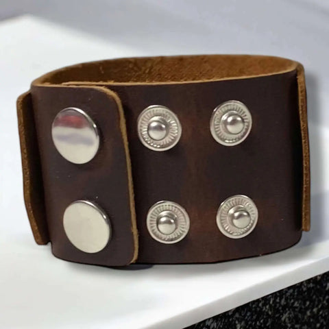 Handcrafted Leather Weaved Cuff Bracelet in brown with braided distressed crisscross design and snap closure