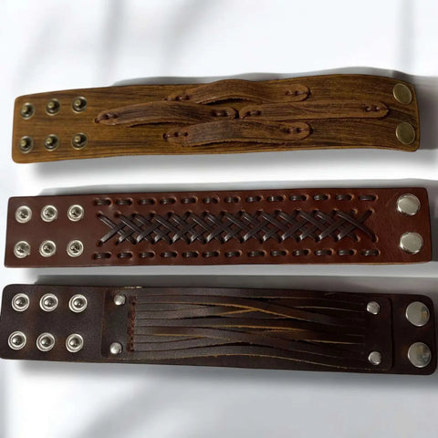 Handcrafted Leather Weaved Cuff Bracelet in brown with braided distressed crisscross design and snap closure