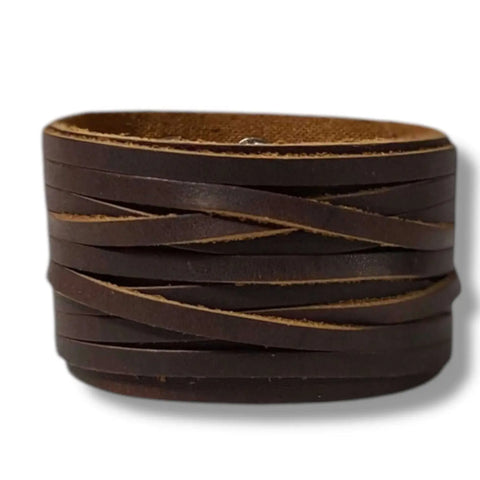 Handcrafted Leather Weaved Cuff Bracelet in brown with braided distressed crisscross design and snap closure