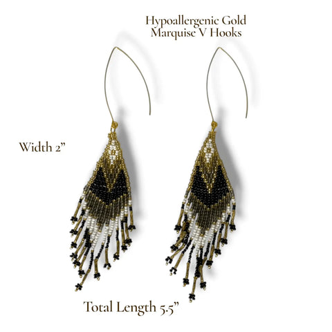 Handmade black gold beaded fringe earrings with diamond weave pattern and long shoulder duster tassels