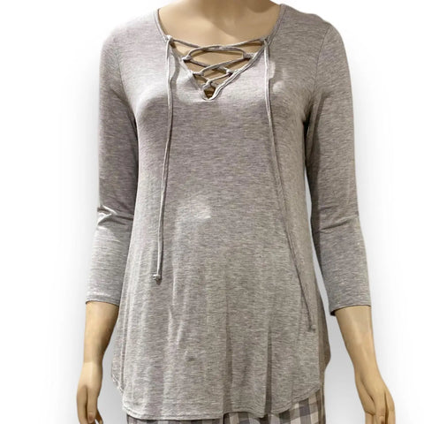 Heather Gray Lace-Up V-Neck Top - Wild Time Fashion 