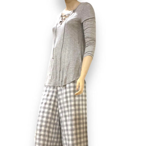 Women's Heather Gray Lace-Up V-Neck Top | Lightweight, Comfortable, and Versatile for Year-Round Style - Wild Time Fashion