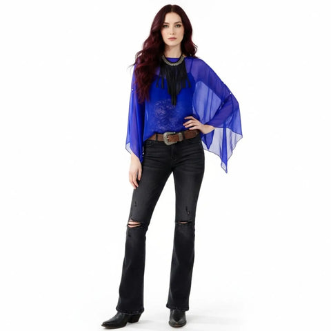 Sheer flowing poncho top cover up in blue, red or teal with shimmer, pearl and baroque-inspired details / one size