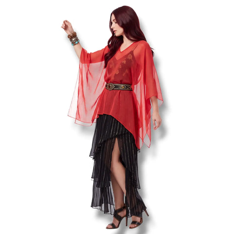 Sheer flowing poncho top cover up in blue, red or teal with shimmer, pearl and baroque-inspired details / one size