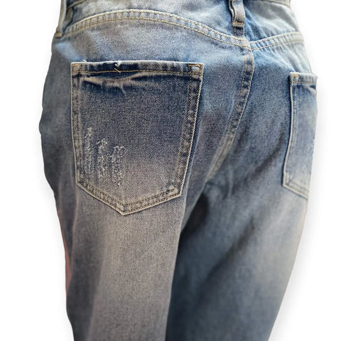 High rise distressed straight leg cropped jeans in light blue with frayed hem and faded denim, Buffalo David Bitton rear pockets