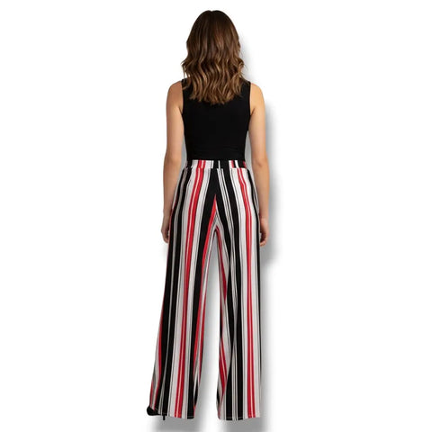 back view of model wearing High Rise Elongated Striped Wide Leg Pants with a black sleeveless top