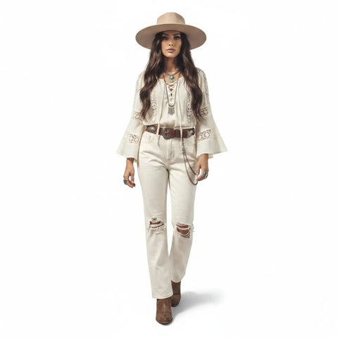 High Rise White Ripped Knee Straight Leg Jeans with ripped knees, brown stitching and cropped off-white denim fit