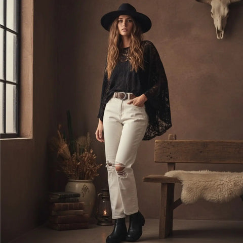 High Rise White Ripped Knee Straight Leg Jeans with ripped knees, brown stitching and cropped off-white denim fit