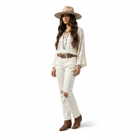 High Rise White Ripped Knee Straight Leg Jeans with ripped knees, brown stitching and cropped off-white denim fit