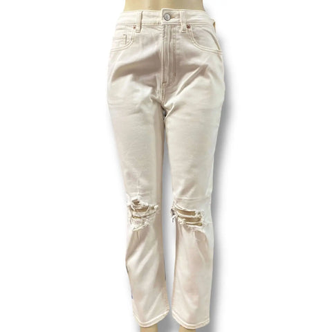 High Rise White Ripped Knee Straight Leg Jeans in off-white with brown stitching and cropped streetwear fit