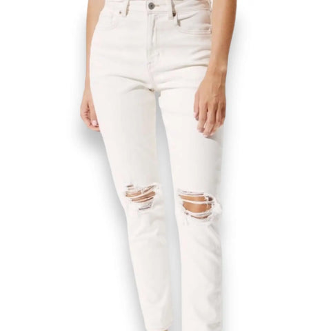 High Rise White Ripped Knee Straight Leg Jeans in off-white with brown stitching and cropped streetwear fit