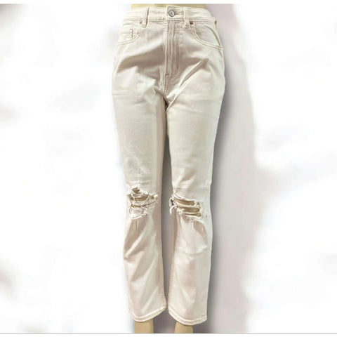 High Rise White Ripped Knee Straight Leg Jeans in off-white with brown stitching and cropped streetwear fit