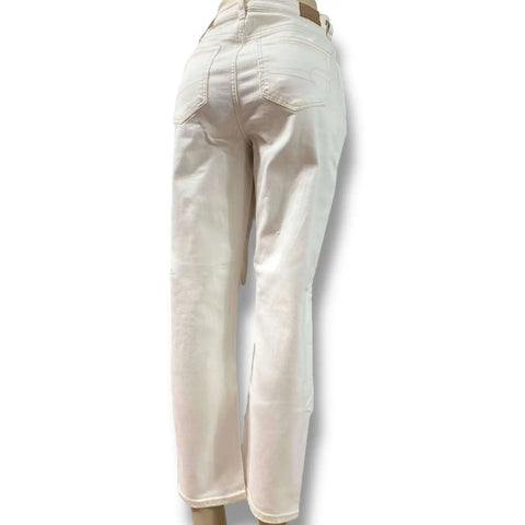 High Rise White Ripped Knee Straight Leg Jeans in off-white with brown stitching and cropped streetwear fit