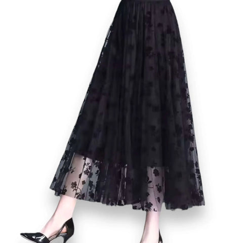 High Waist Floral Tulle Midi Skirt a-line black with black floral 