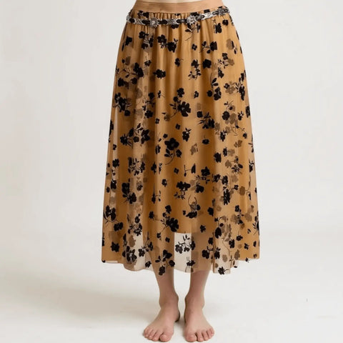 High Waist Floral Tulle Midi Skirt a-line brown with black floral (with a black concho belt)