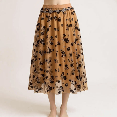 High Waist Floral Tulle Midi Skirt a-line brown with black floral 