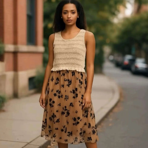 High Waist Floral Tulle Midi Skirt a-line brown with black floral 