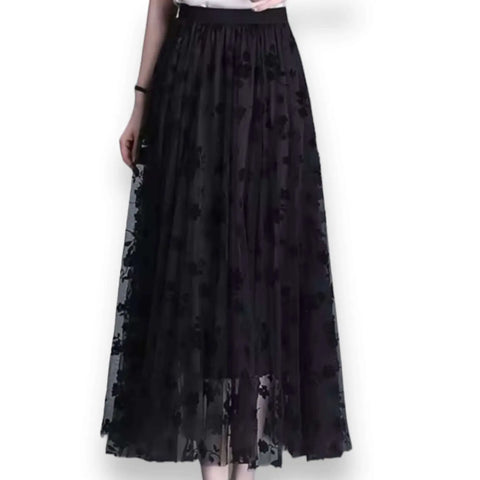 High Waist Floral Tulle Midi Skirt a-line black with black floral 