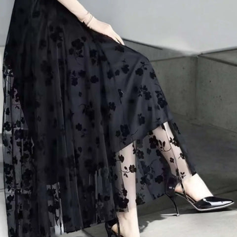 High Waist Floral Tulle Midi Skirt a-line black with black floral 