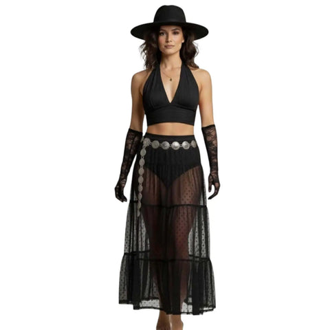 High Waist Mesh Polka Dot Maxi Skirt  black woman wearing outfit