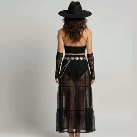 High waist mesh polka dot maxi skirt see through with elastic waistband, shown in black or white, festival-ready A-line layering skirt