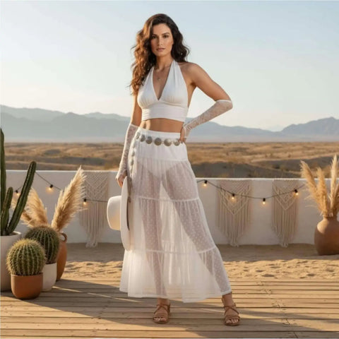 High waist mesh polka dot maxi skirt see through with elastic waistband, shown in black or white, festival-ready A-line layering skirt