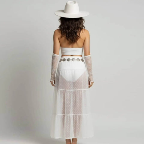 High waist mesh polka dot maxi skirt see through with elastic waistband, shown in black or white, festival-ready A-line layering skirt