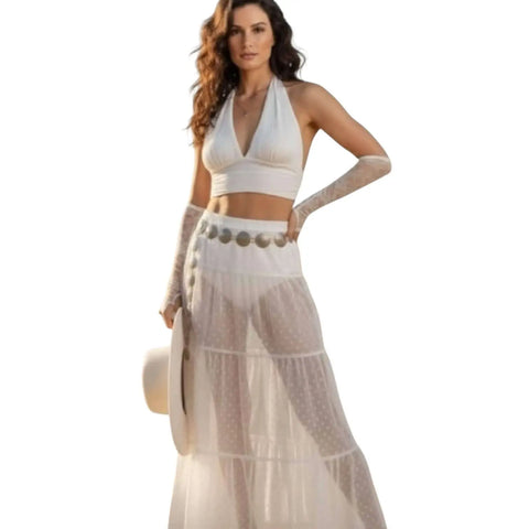 High Waist Mesh Polka Dot Maxi Skirt  woman wearing white outfit