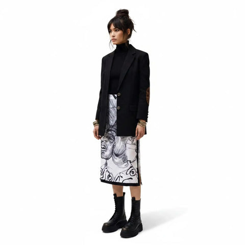 White and black portrait print midi skirt with high waist, contrast side panels and single side slit / medium