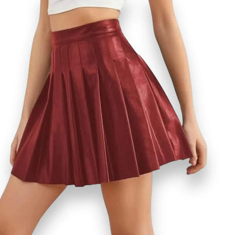 High Waisted Faux Leather Pleated Mini Skirt