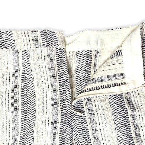close up of tailored shorts High Waisted Striped Front Pockets Shorts variegated woven white to gray stripes, wide leg fit, zipper closure/ women's/ 12