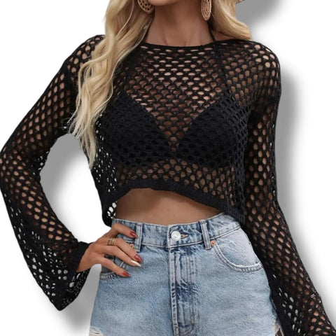 Black Hollow Out Bell Sleeve Knit Crop Top Semi Sheer Mesh Crop Top