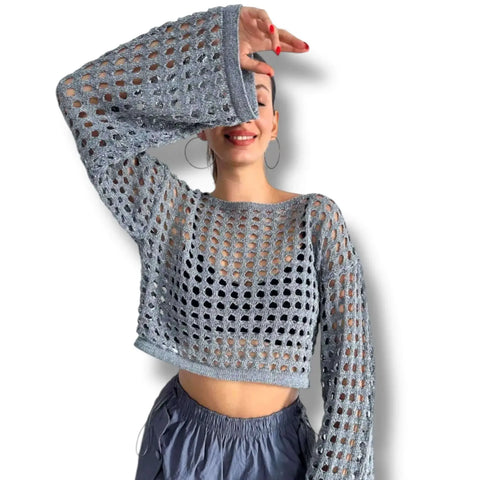 Blue Hollow Out Long Bell Sleeve Knit Mesh Crop Top