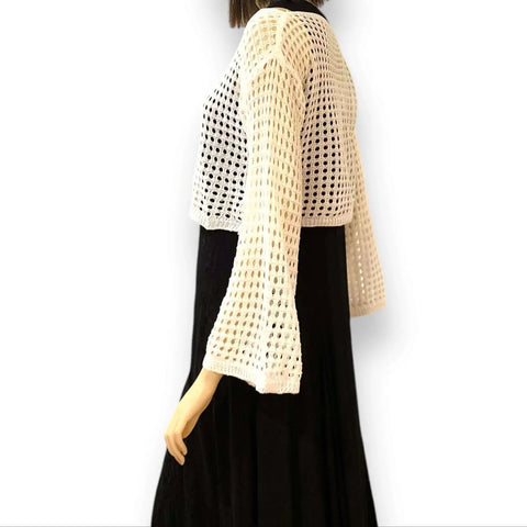 Hollow Out Bell Sleeve Knit Crop Top white semi sheer relaxed fit 