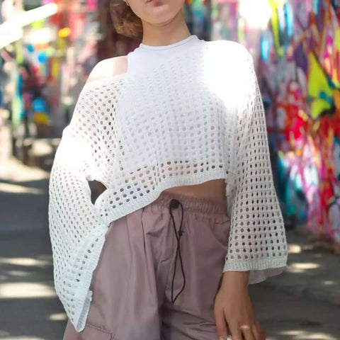 Women's White Hollow Out Long Bell Sleeve Mesh Crop Top