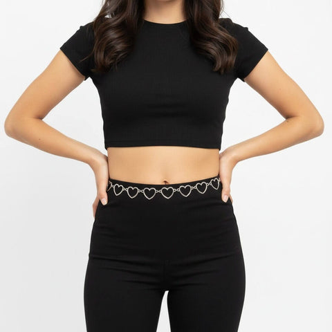 woman wearing black fitted outfit with silver Open Heart Belly Body Chain Belt adjustable  l/xl
