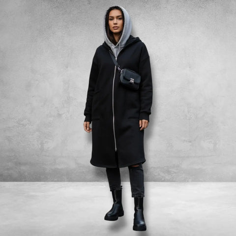 Hooded Long Lightweight Dual Zip Up Jacket black model wearing zipped up