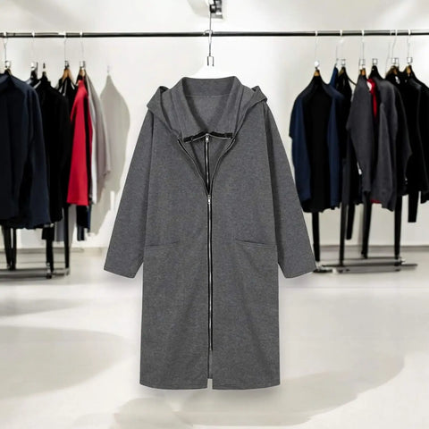 Hooded Long Lightweight Dual Zip Up Jacket gray on hook in store