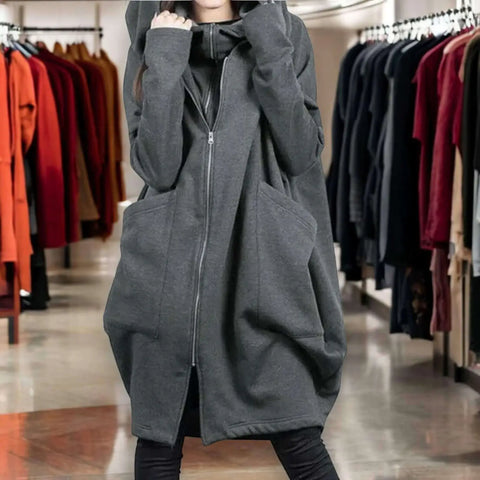 Hooded Long Lightweight Dual Zip Up Jacket gray model wearing in store