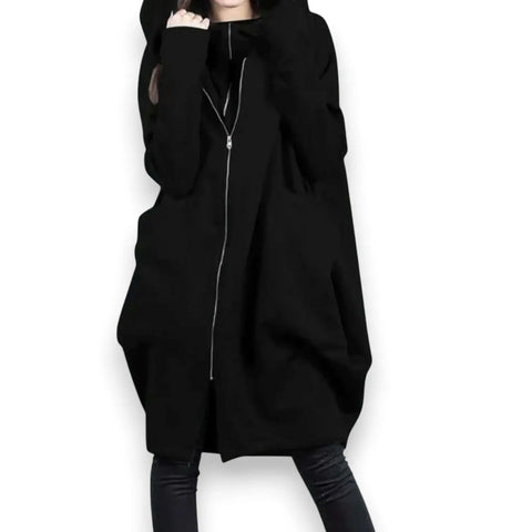 Hooded Long Lightweight Dual Zip Up Jacket black model wearing zipped up