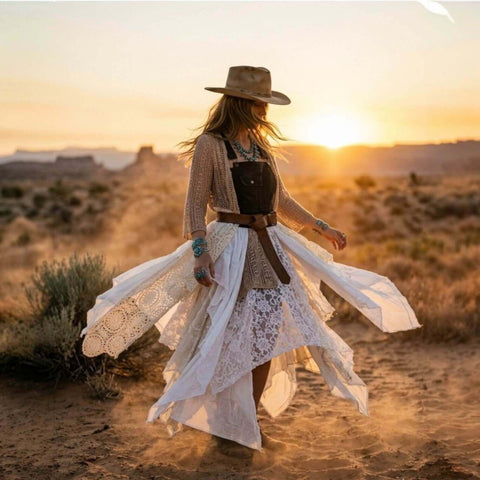 Ivory Lace & Mesh Linen Hi-Low Duster Jacket woman wearing in the desert with overall dress cinched waist