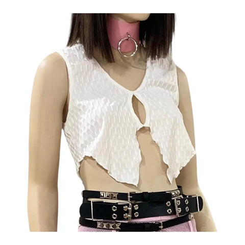 ivory sleeveless v neck crop top with cut-out detail on model front view