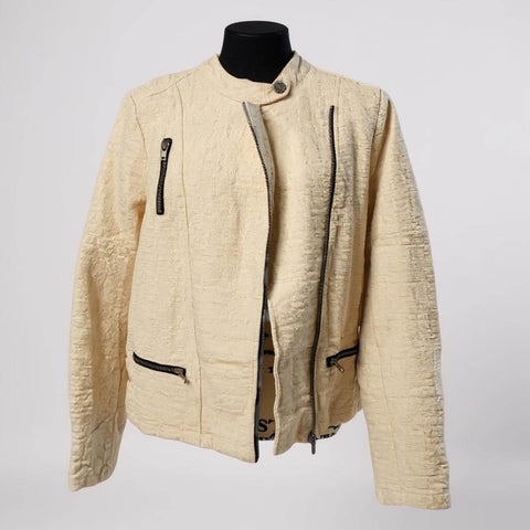 Ivory Textured Biker Jacket with black zipper accents, asymmetric moto front, snap collar, and palm print lining – edgy women's mid weight cotton jacket. 