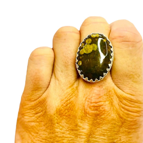 Natural Silver Green Jasper Statement Ring floral lace band  8.75 usa artisan ring / women's