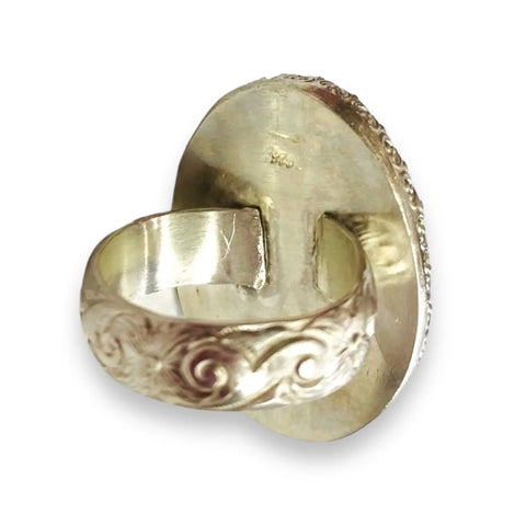 Natural Silver Green Jasper Statement Ring floral lace band  8.75 usa artisan ring / women's usa handcrafted floral lace band stamped 925S