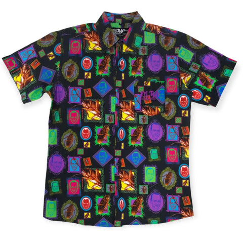 John Waters graphic camp shirt in 100% cotton with all-over portrait print and pink embroidered pocket logo. Short sleeve button-up relaxed fit. Size XXL.